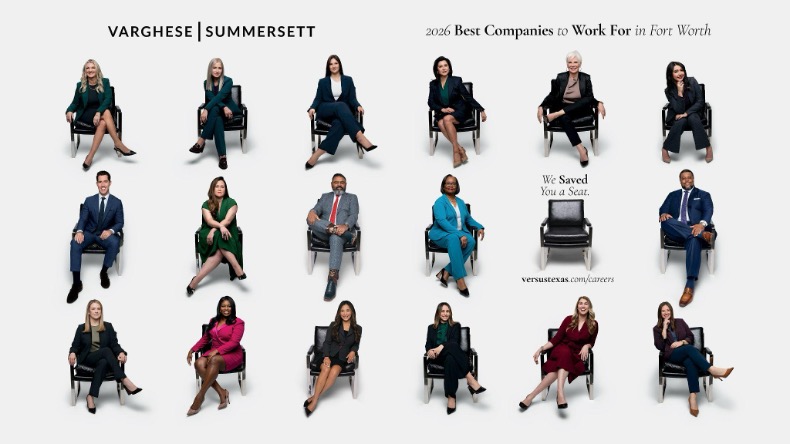 The Varghese Summersett team seated together, marking the firm's 2026 recognition as a Best Company to Work For in Fort Worth