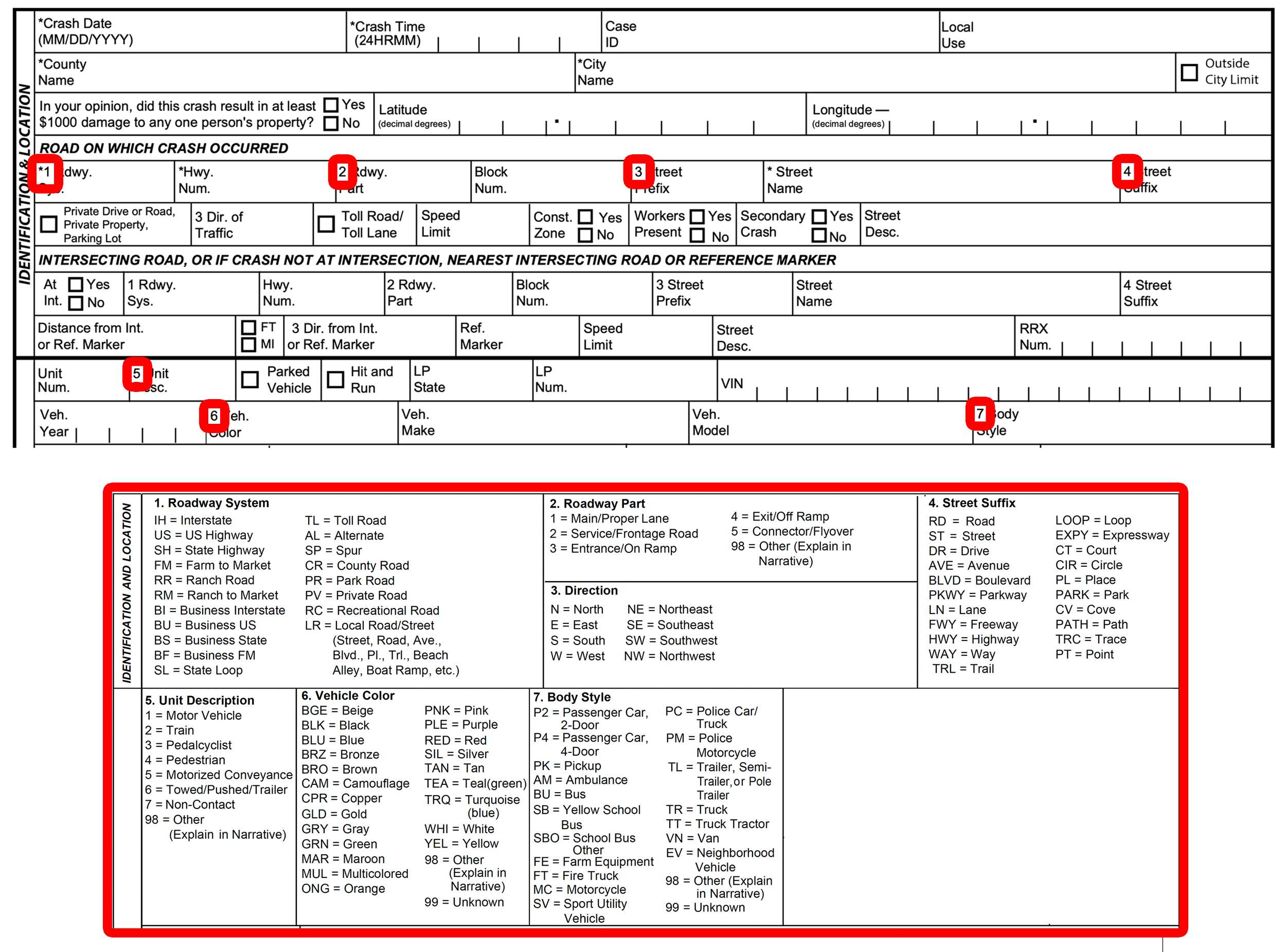 Imagen del informe de accidente de Texas con código