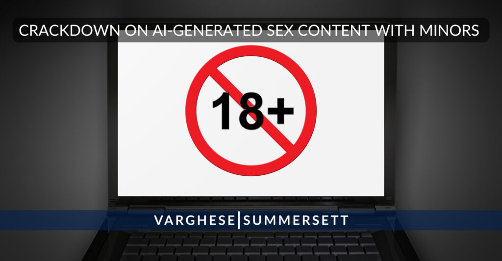 Pantalla de ordenador con un símbolo de advertencia de IA que representa la represión de los contenidos sexuales generados por IA en los que intervienen menores.